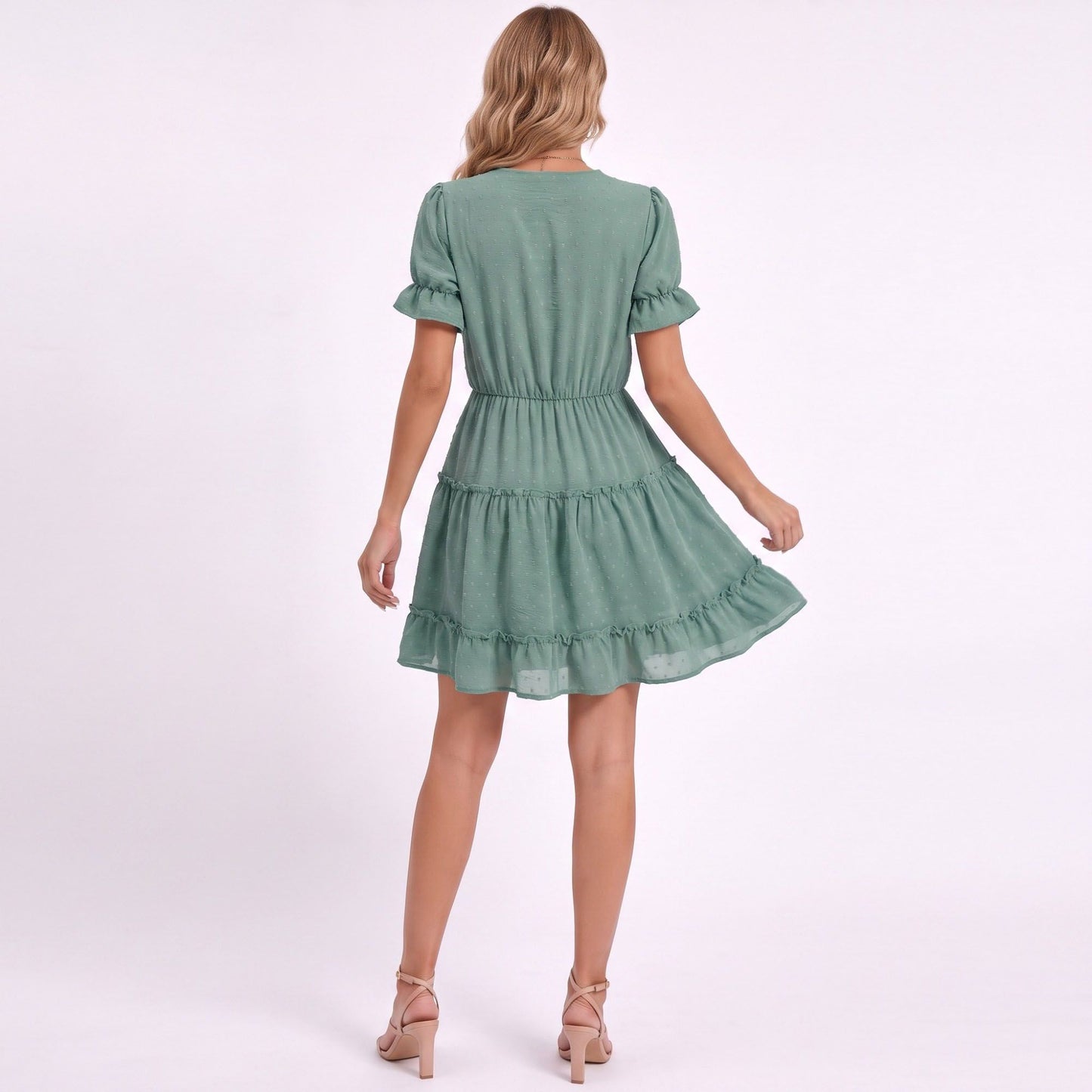 Swiss Dot V-Neck Lace Trim Tiered Ruffle Mini Dress