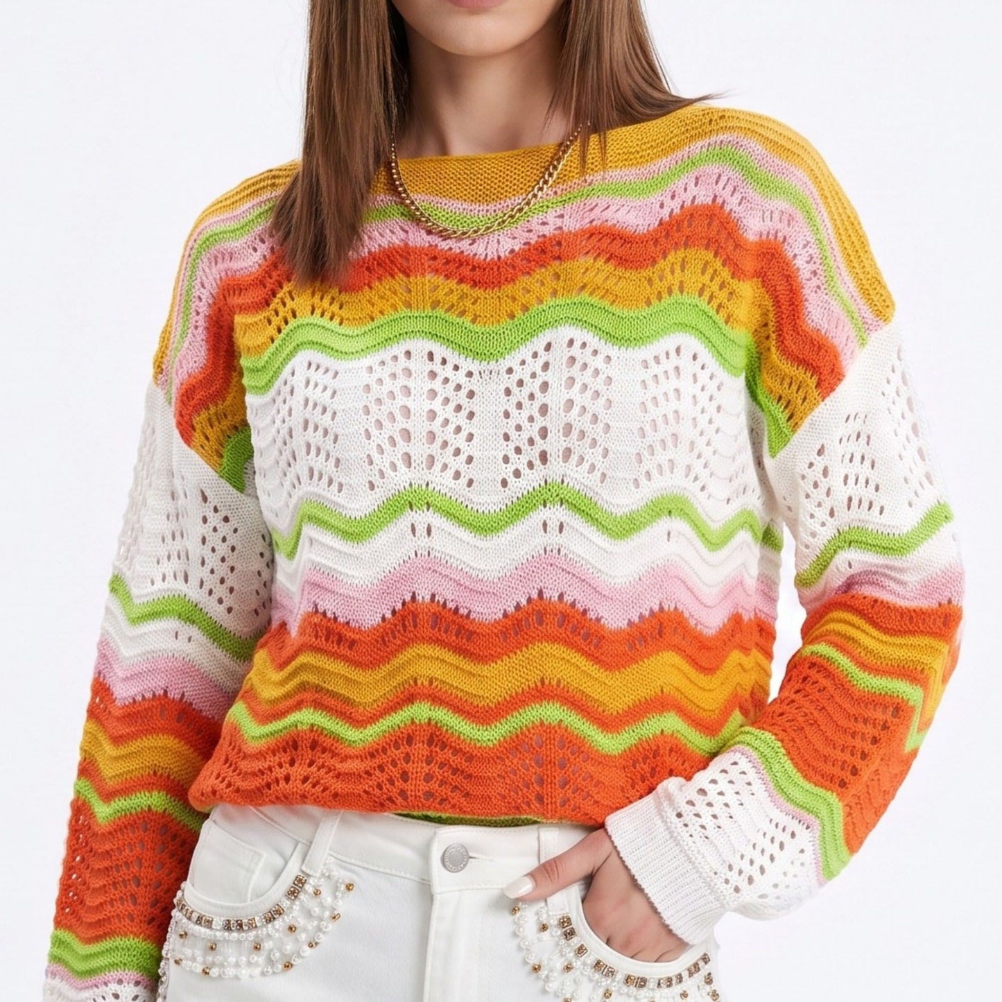 Multicolor Wave Stripe Openwork Knit Long Sleeve Pullover Sweater