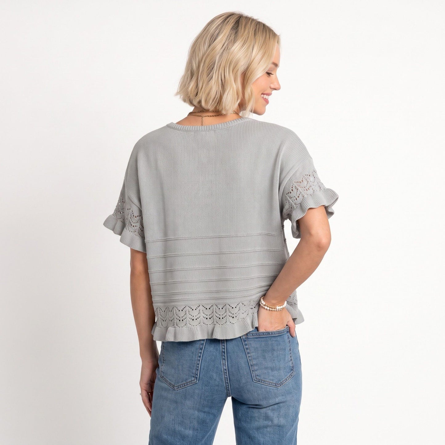 Short Sleeve Sweater Top Lace Ruffle Hem Textured Knit Blouse