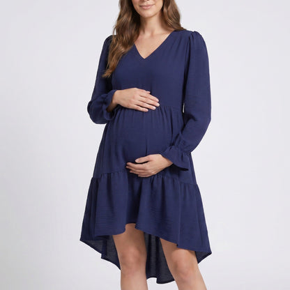 Maternity V Neck High Low Mini Dress with Long Sleeves and Tiered Hem