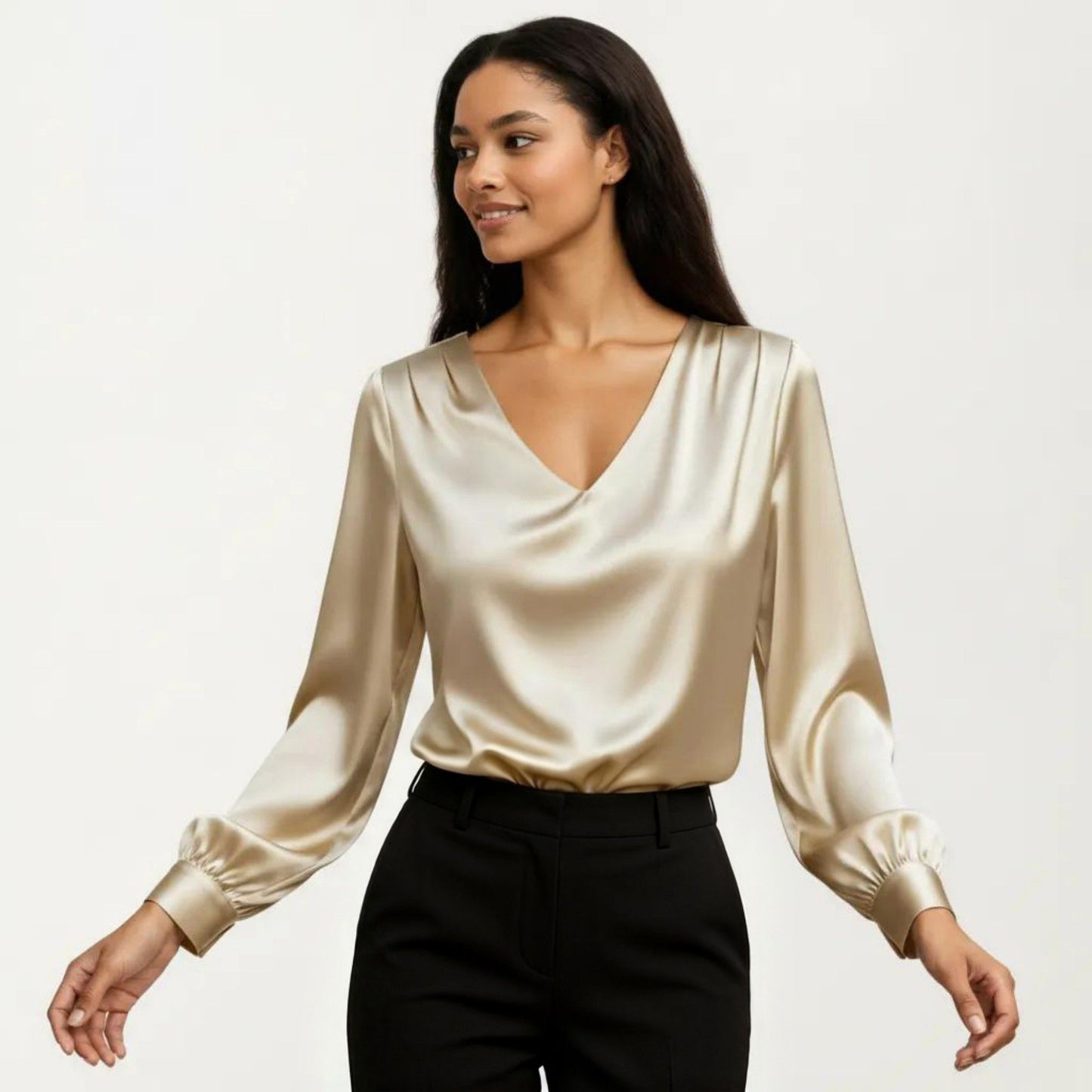 Satin V-Neck Blouse with Long Balloon Sleeves and Wide Cuffs