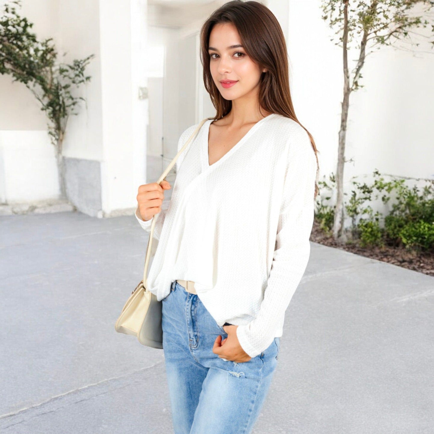 Waffle Knit Surplice Wrap Long Sleeve Top