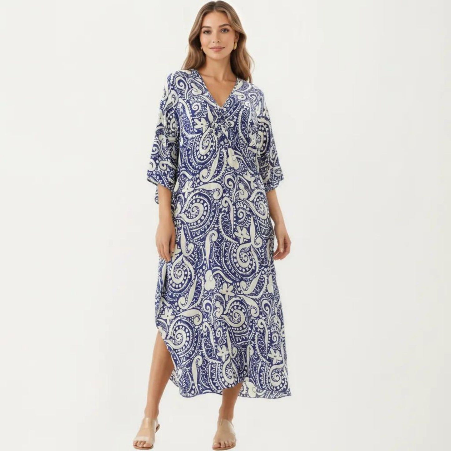 Paisley Print Maxi Dress with V-Neckline Short Sleeves and Relaxed Flowing Silhouette