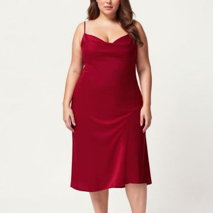 Plus Size Satin Slip Nightgown with Adjustable Spaghetti Straps Midi Length Relaxed Fit Sleepwear Dress