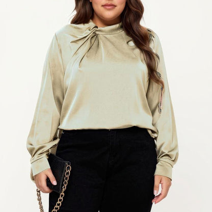 Plus Size Long Sleeve Blouse with Tie Neck Detail Relaxed Fit Silky Smooth Fabric