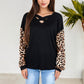 Crisscross V-Neck Top with Leopard Print Sleeves