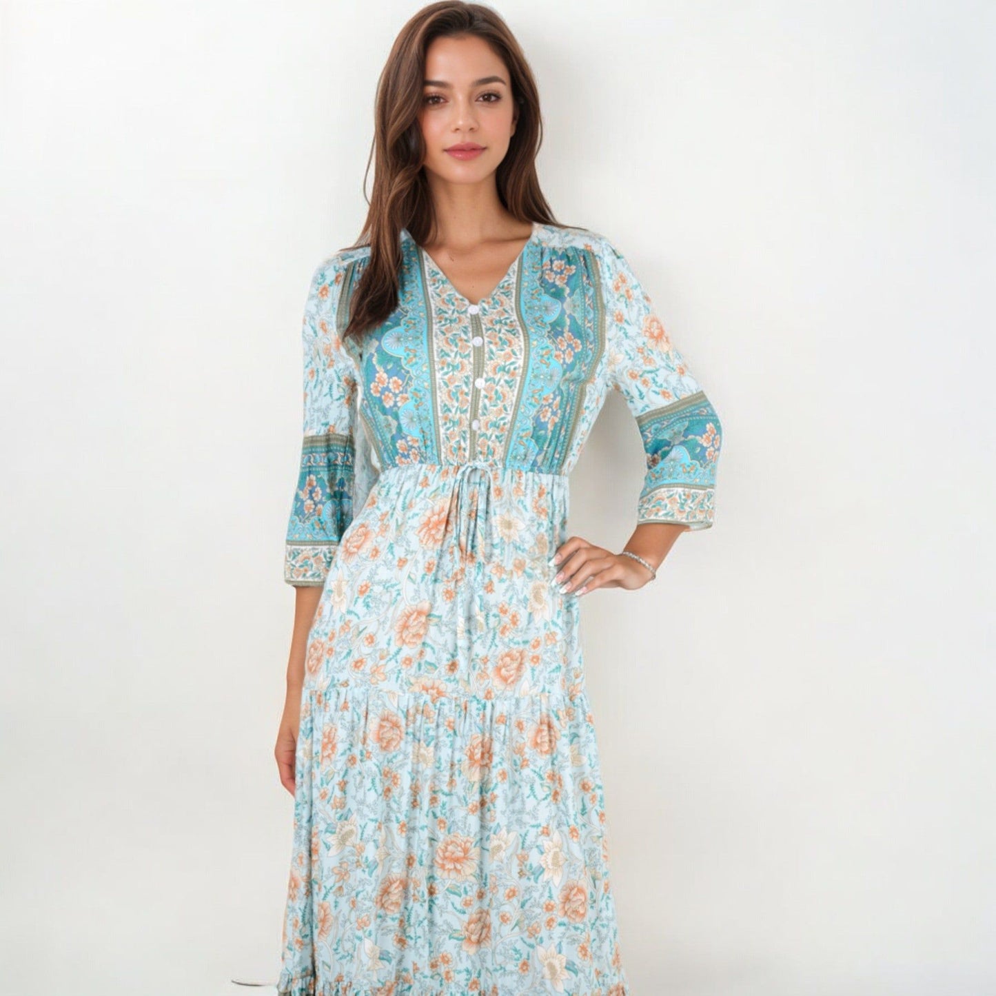 Bohemian Floral Midi Dress with 3/4 Sleeves Drawstring Waist