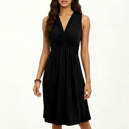 Sleeveless V Neck Midi Dress with Front Twist Detail and Flowy A Line Silhouette