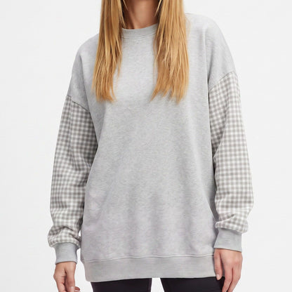 Plaid Sleeve Crew Neck Long Sleeve Pullover Sweatshirt