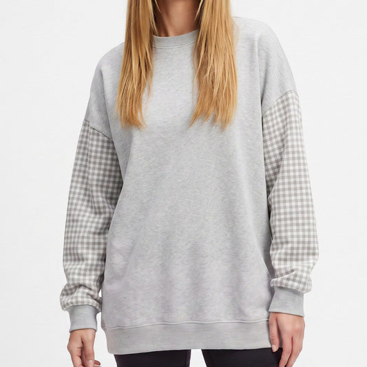 Plaid Sleeve Crew Neck Long Sleeve Pullover Sweatshirt