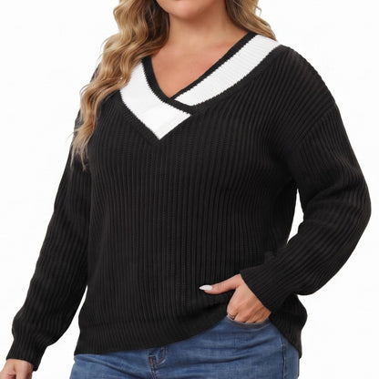 Plus Size Contrast Collar V-Neck Ribbed Sweater