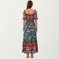 Puff Sleeve Maxi Dress with Mixed Floral Print and Border Hem