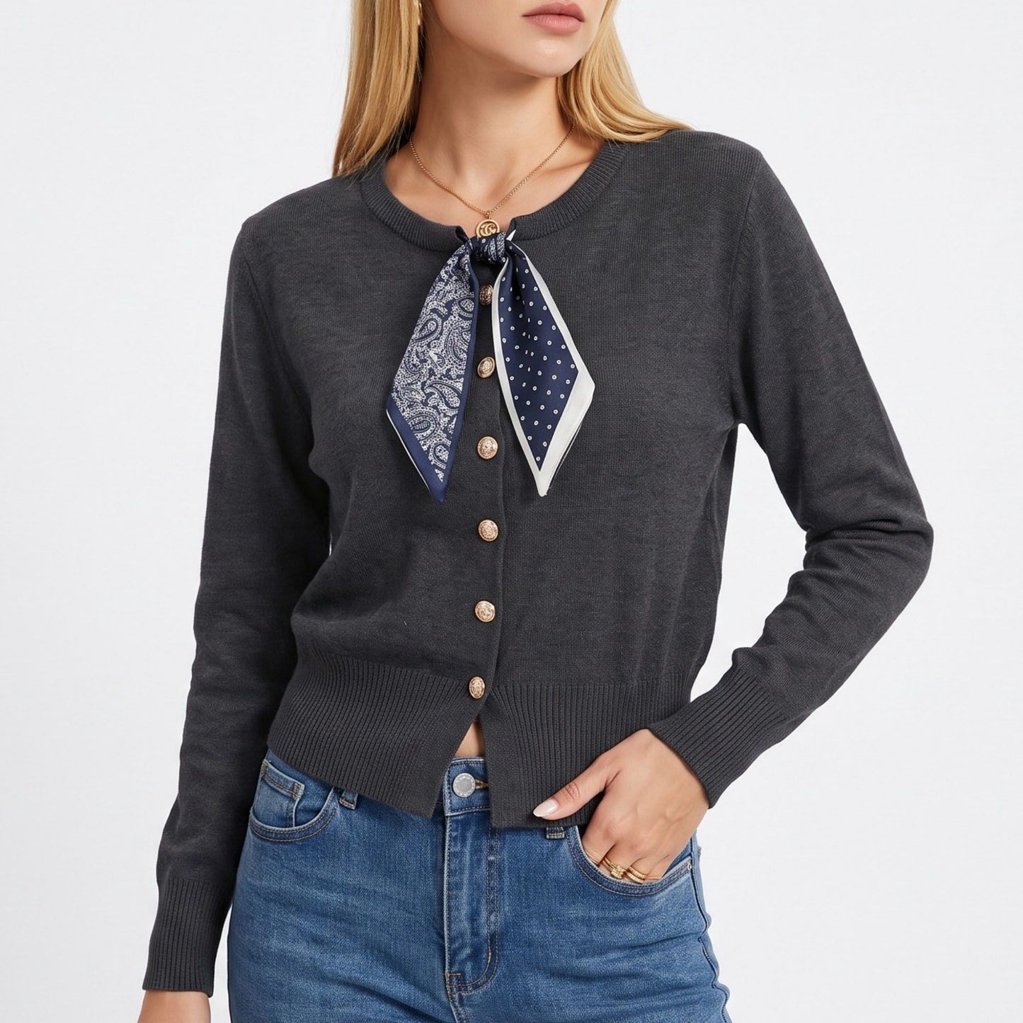 Knit Button-Down Cardigan Sweater with Neck Scarf Detail