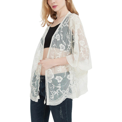 Short Embroidered Lace Duster Crop Cardigan Half Sleeves