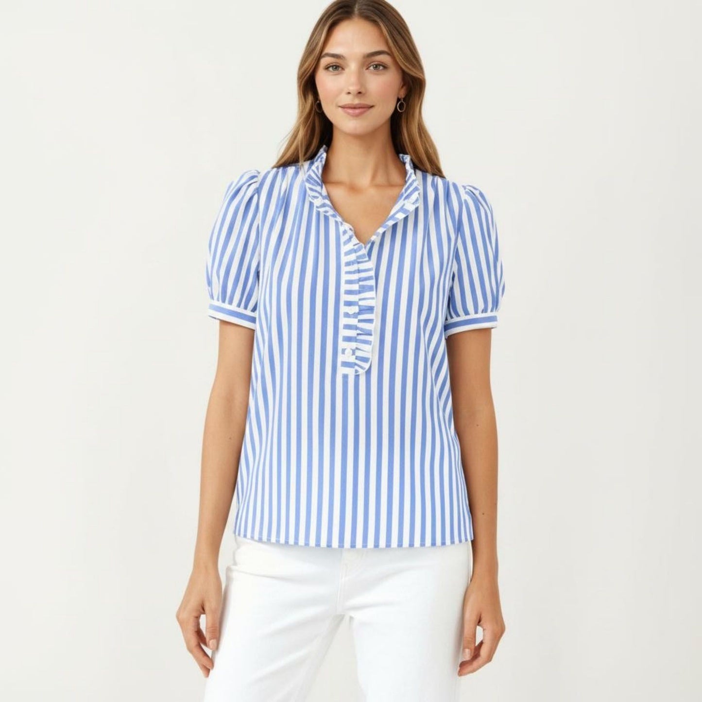 Short Sleeve Striped Blouse with Ruffle Trim V Neck Puff Sleeve Lightweight Pullover Shirt