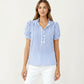 Short Sleeve Striped Blouse with Ruffle Trim V Neck Puff Sleeve Lightweight Pullover Shirt