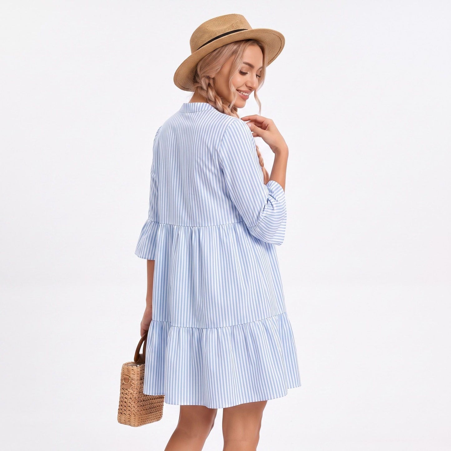 Striped Tiered Bell Sleeve Mini Dress