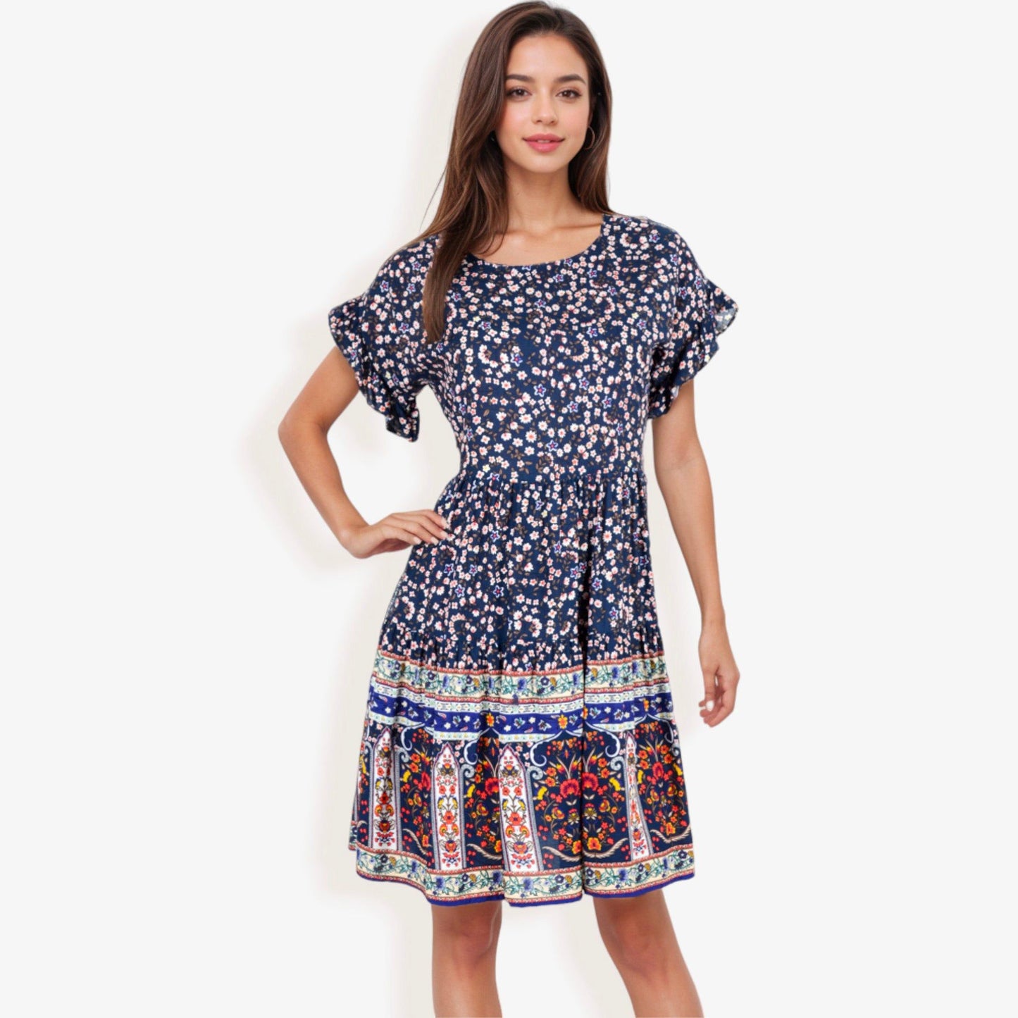 Bohemian Floral Print Short Sleeve Swing Dress Crew Neckline