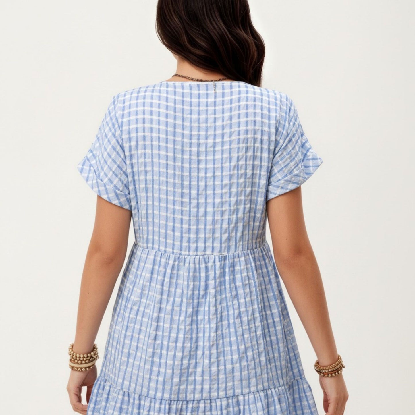 Short Sleeve V Neck Plaid Mini Dress with Tiered Hem Loose Fit Casual Lightweight Summer Dress