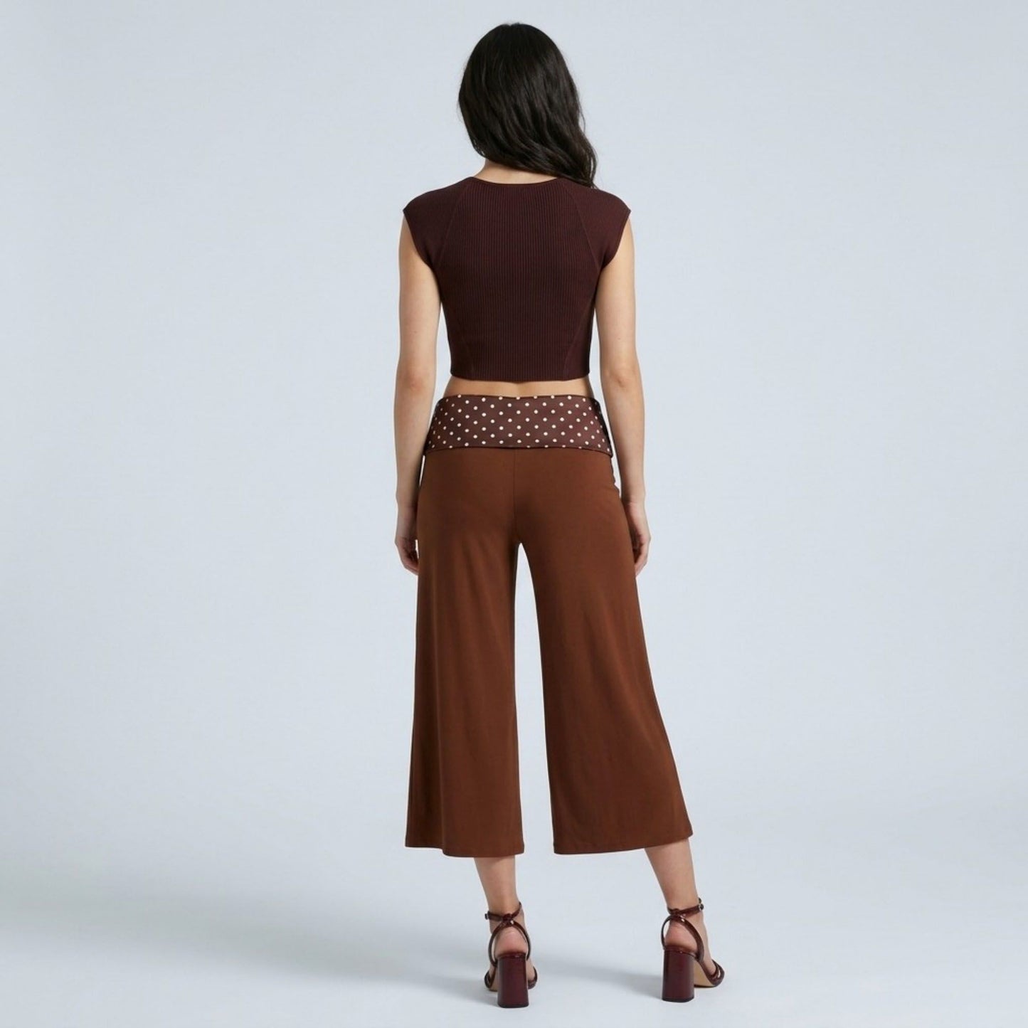 Polka Dot Contrast Waistband Cropped Wide-Leg Trousers