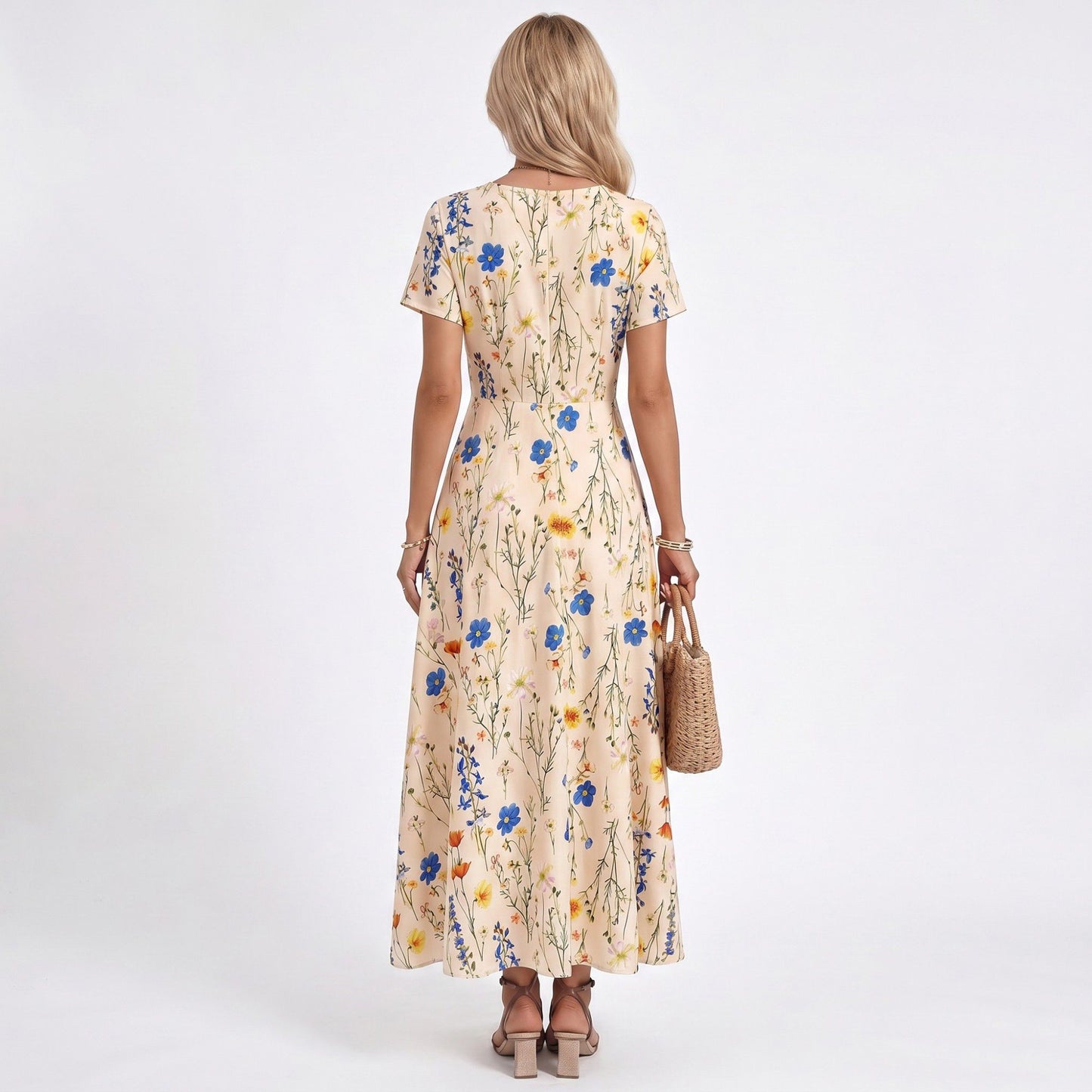 Floral Maxi Dress Square Neck Short Sleeve A Line Button Front Dress
