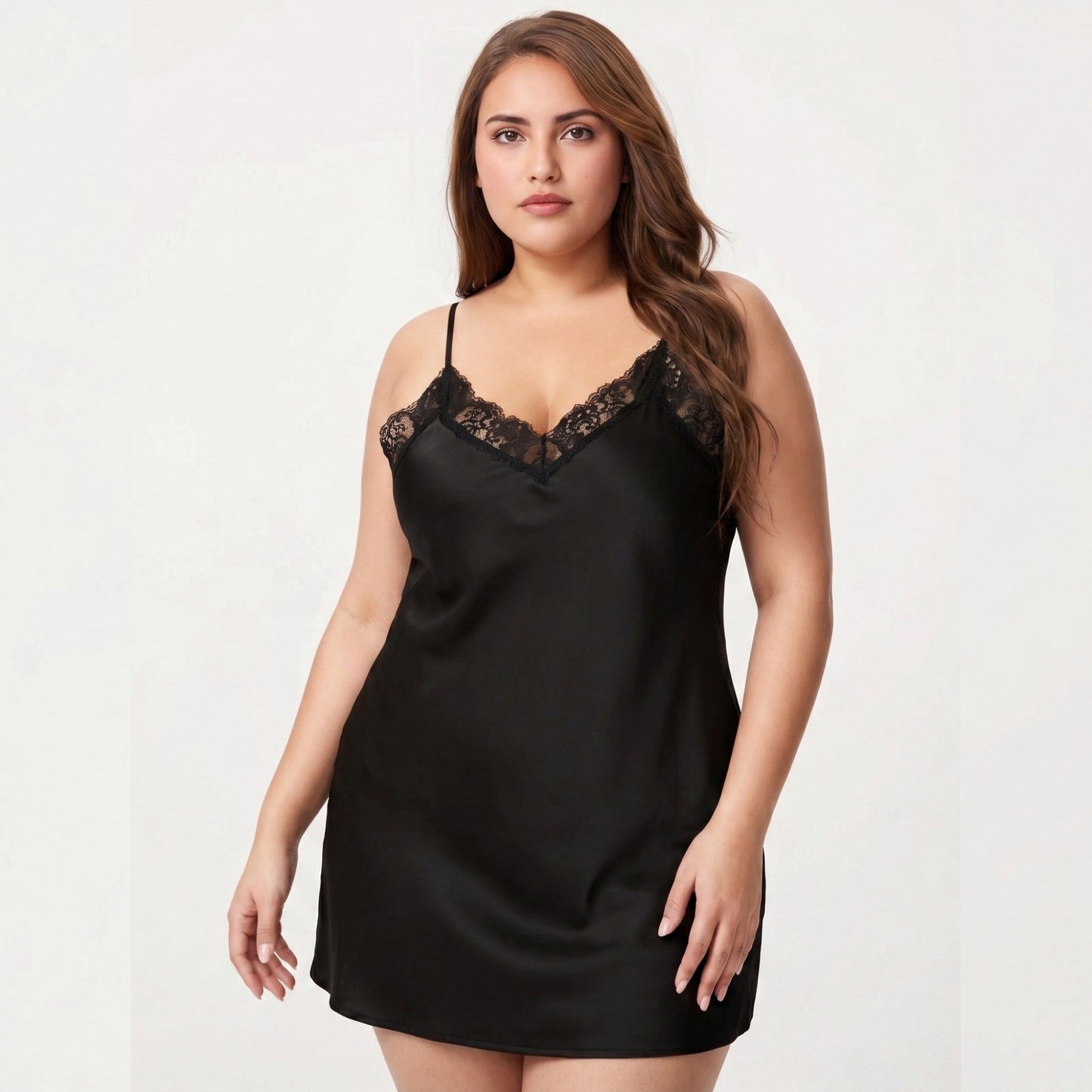 Plus Size Satin Chemise Lace Trim V Neck Sleep Dress Adjustable Strap Slip Nightgown