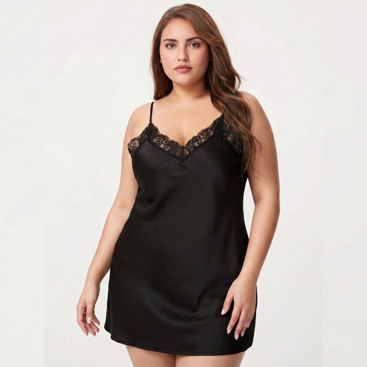 Plus Size Satin Chemise Lace Trim V Neck Sleep Dress Adjustable Strap Slip Nightgown