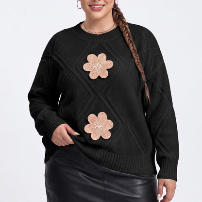 Plus Size Floral Applique Textured Crewneck Sweater