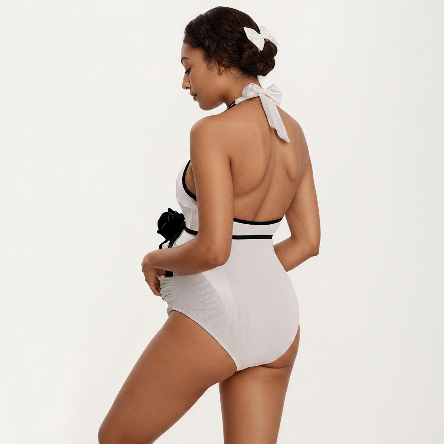 Maternity Ribbed One-Piece Swimsuit with Halter Neckline and Floral Tie Waist
