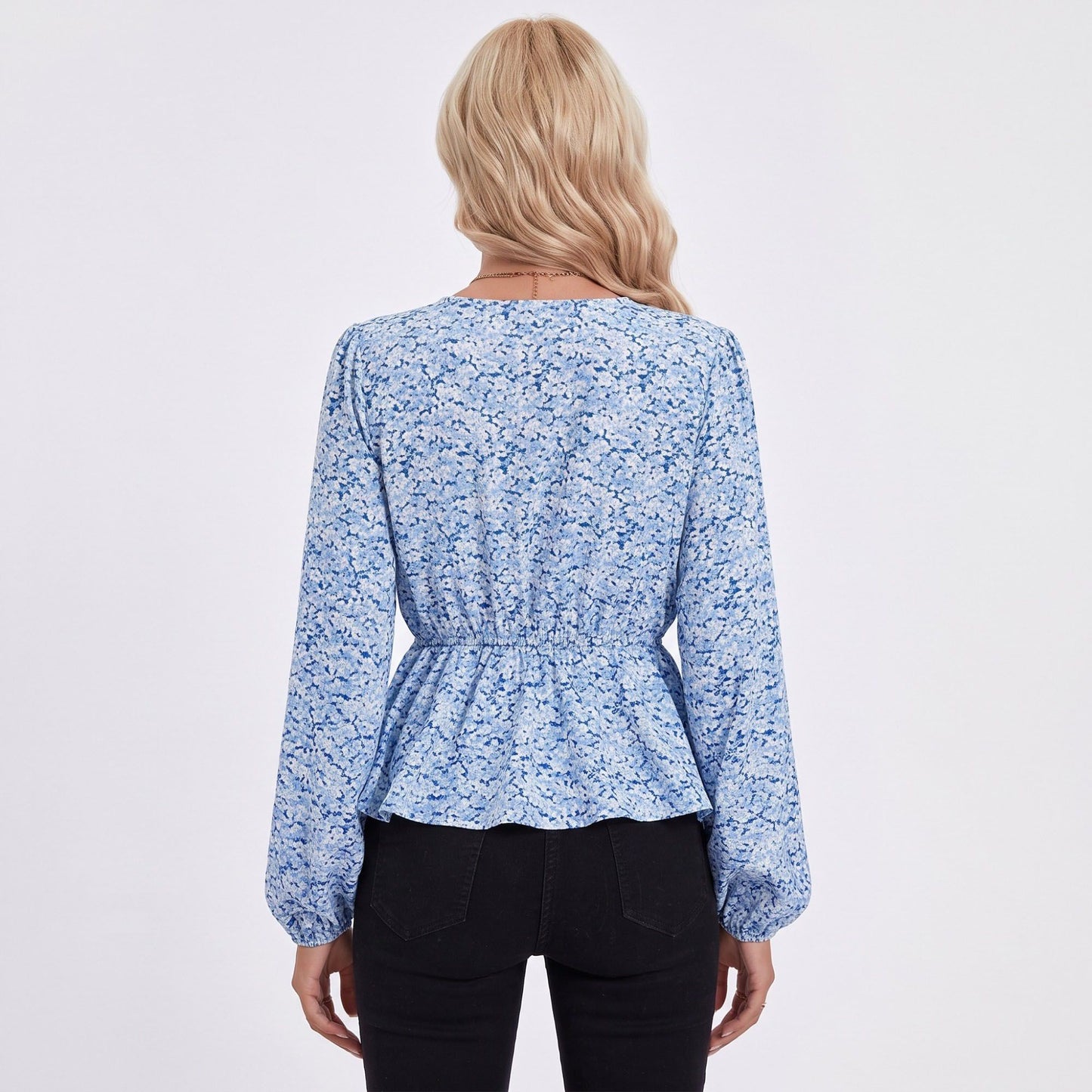 Printed Peplum Blouse V Neck Long Sleeve Casual Top