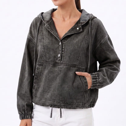 Washed Denim Hooded Pullover Jacket Long Sleeve Kangaroo Pocket Casual Outerwear