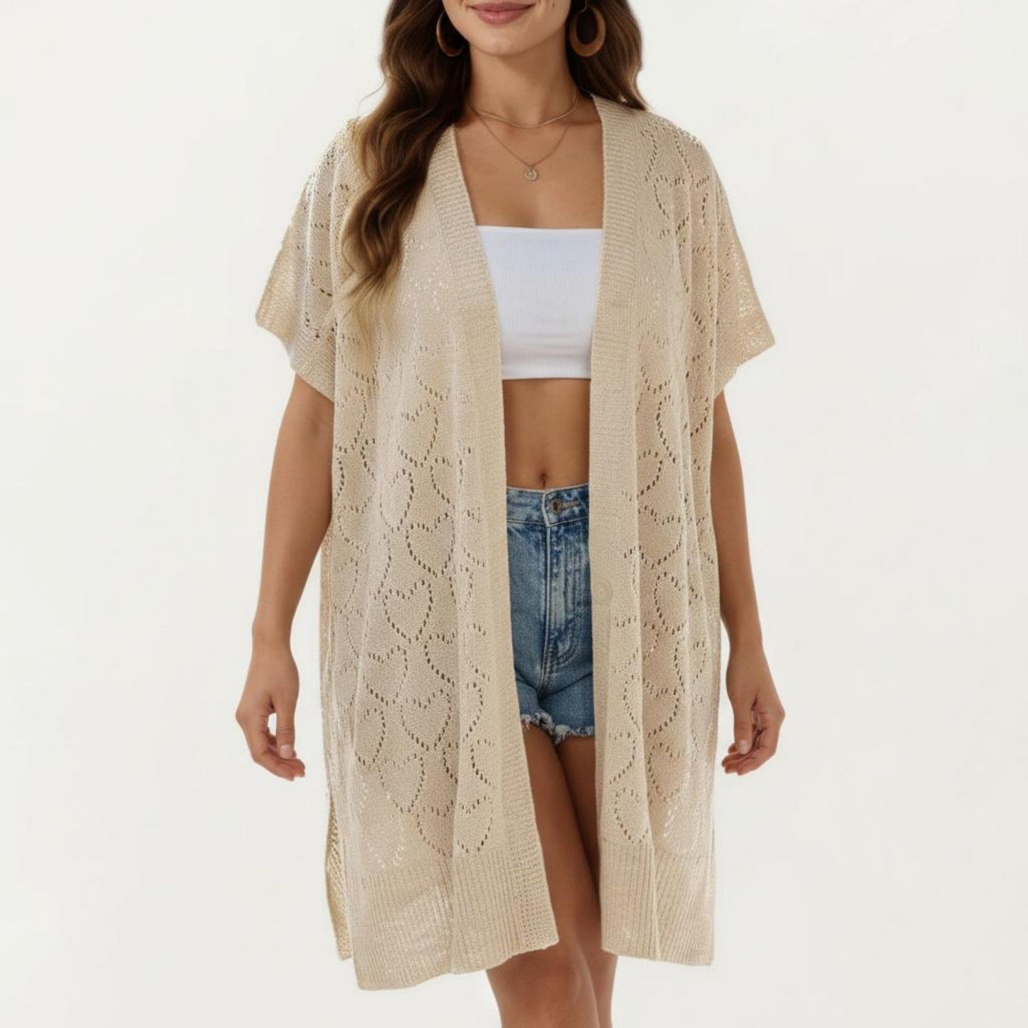 Open Front Knit Cardigan with Heart Pointelle Pattern Short Sleeves Relaxed Mid Length Fit