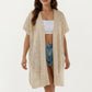 Open Front Knit Cardigan with Heart Pointelle Pattern Short Sleeves Relaxed Mid Length Fit