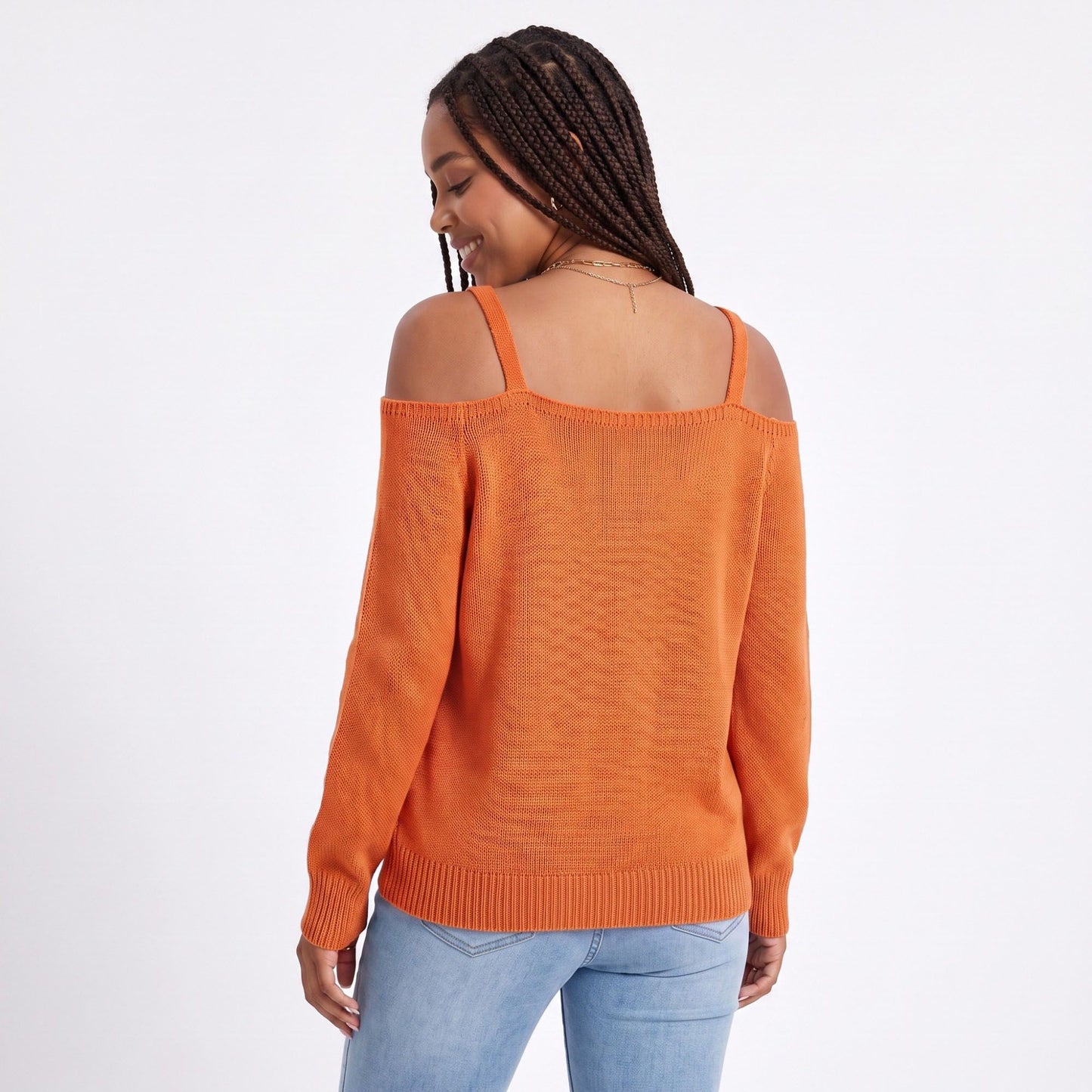 Cold Shoulder Strap Argyle Textured Long Sleeve Knit Sweater