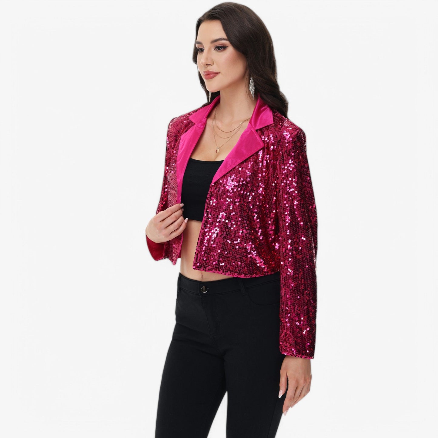 Sequin Cropped Blazer Long Sleeve Sparkly Open Front Jacket