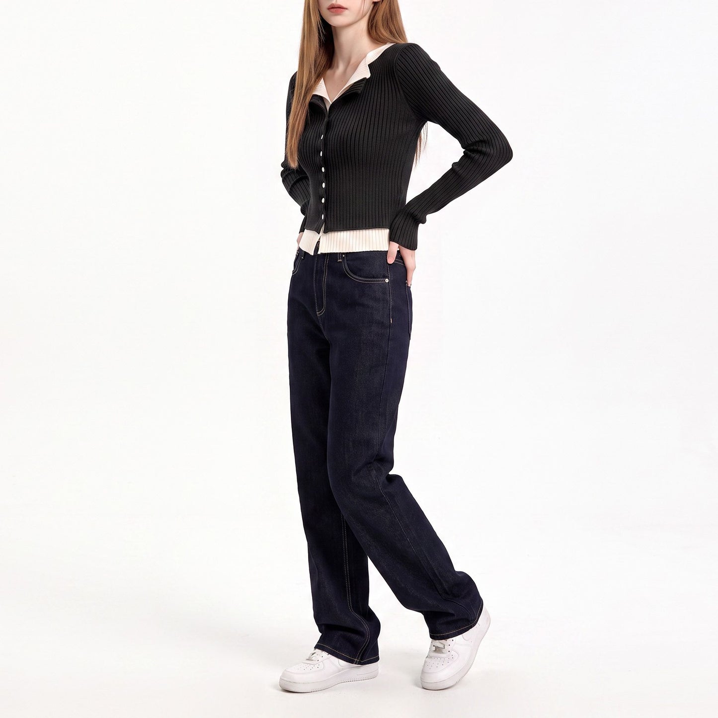Layered Collar Ribbed Button-Front Cardigan Sweater