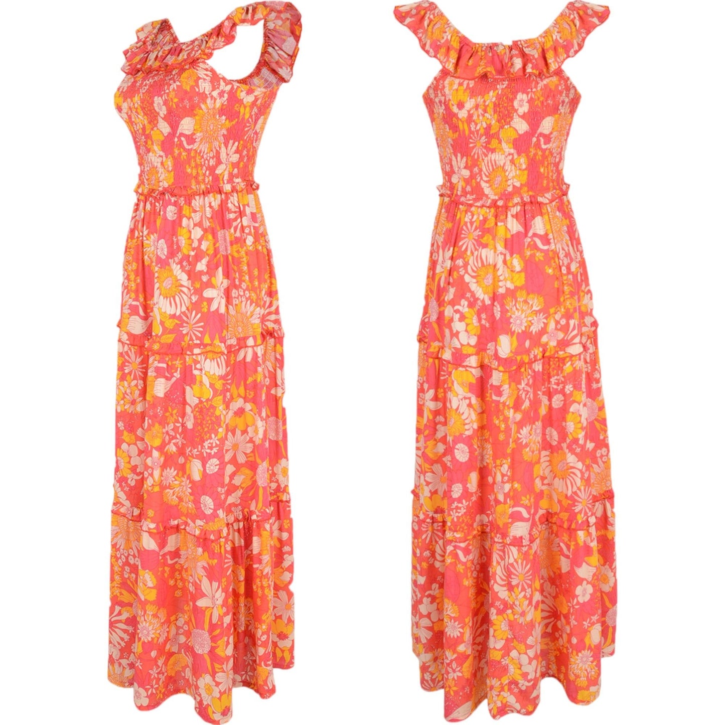 Smocked Chest Floral Print Maxi Dress with Ruffle Hem