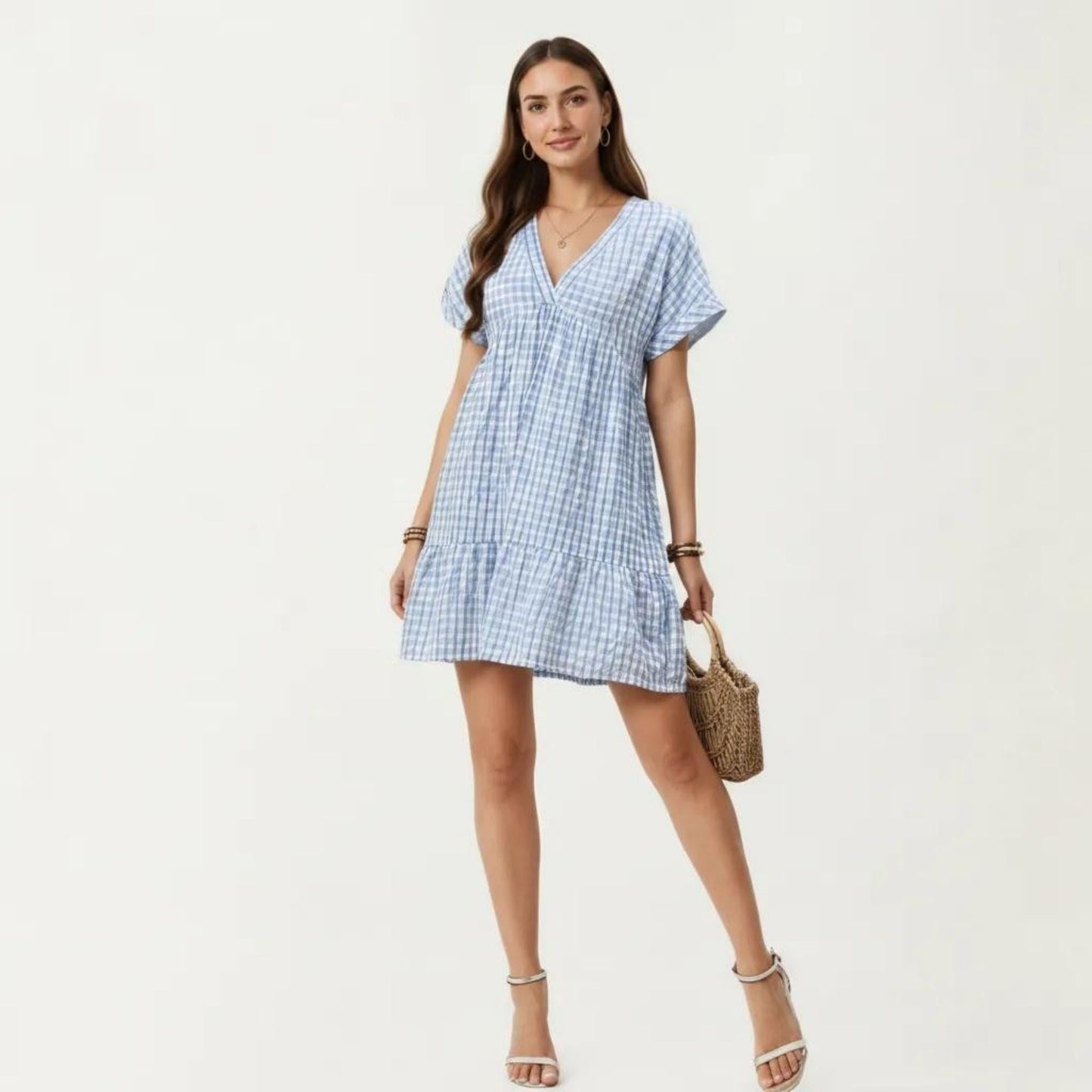 Short Sleeve V Neck Plaid Mini Dress with Tiered Hem Loose Fit Casual Lightweight Summer Dress
