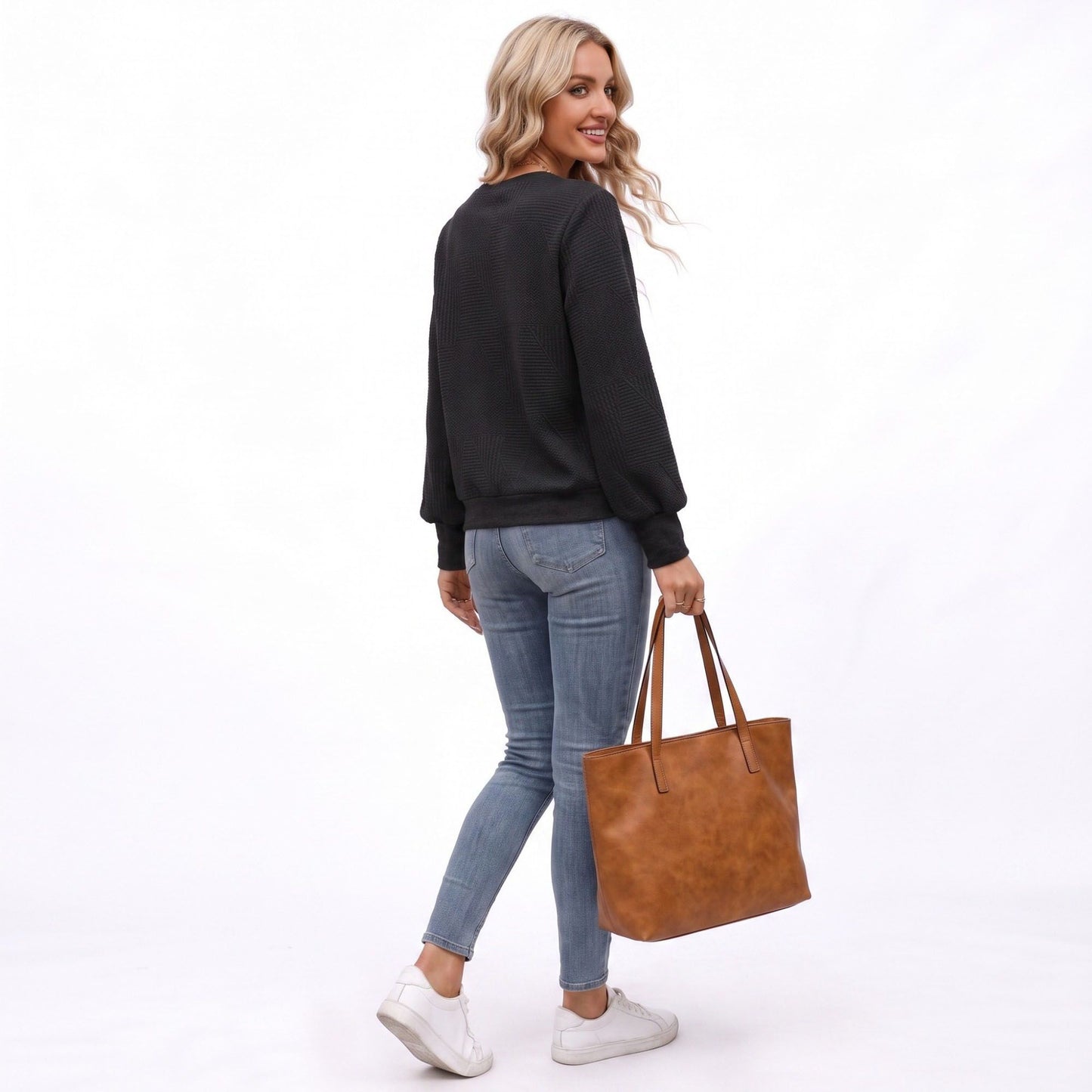 Textured Long Sleeve Crew Neck Pullover Top