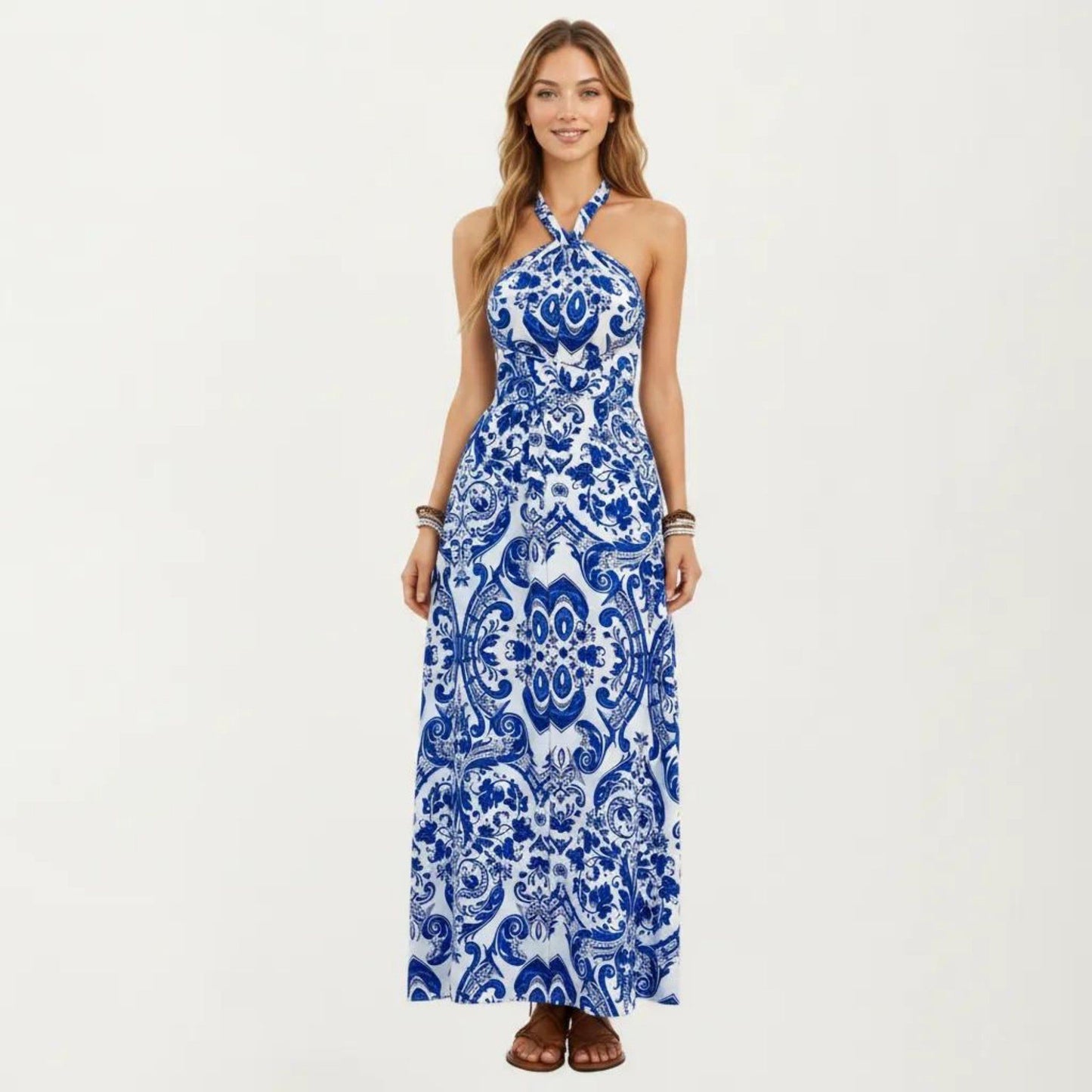 Mediterranean Tile Print Halter Maxi Dress with Criss-Cross Back