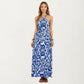 Mediterranean Tile Print Halter Maxi Dress with Criss-Cross Back