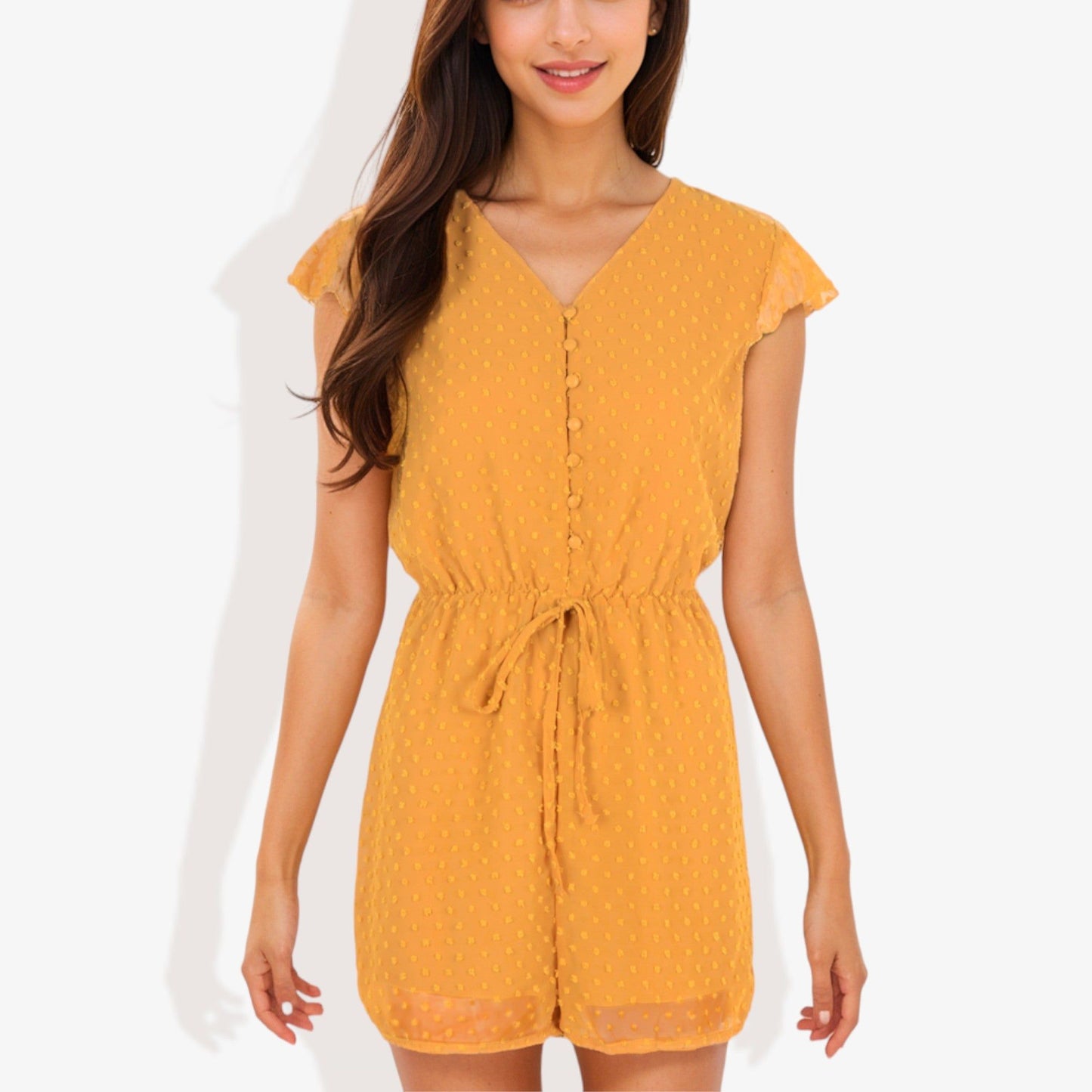 Clip Chiffon Romper with Button Down and Flutter Sleeves