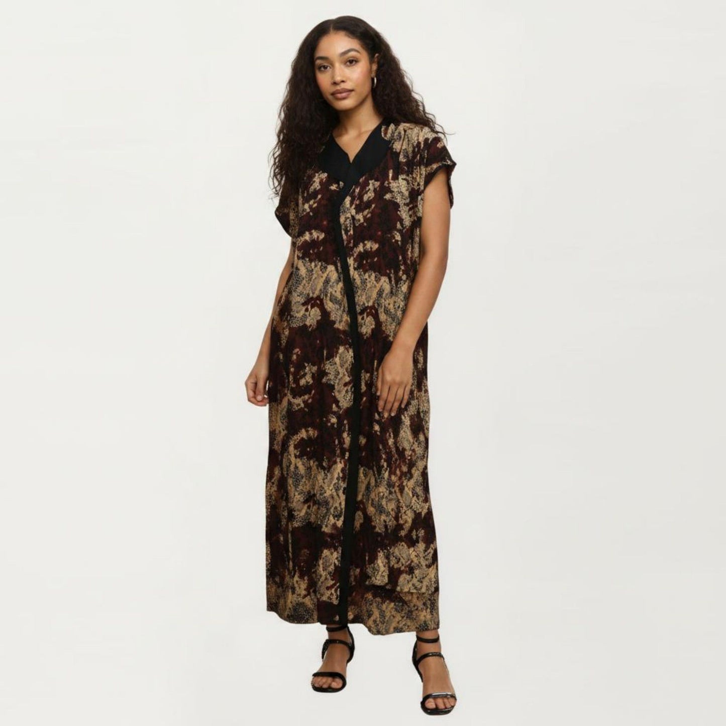 Abstract Print Maxi Kaftan Dress with Contrast Trim and Relaxed Flowy Silhouette