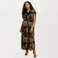 Abstract Print Maxi Kaftan Dress with Contrast Trim and Relaxed Flowy Silhouette