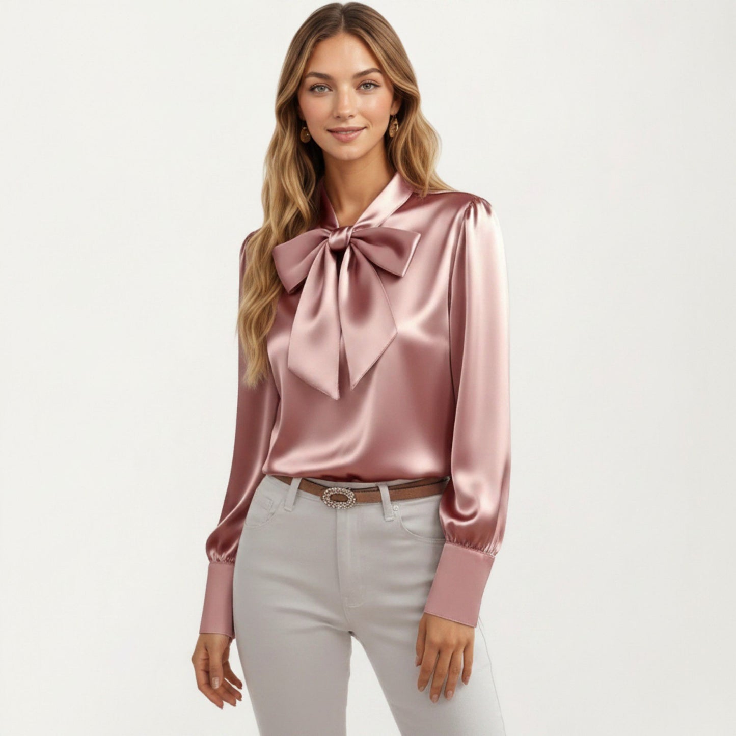 Satin Bow Neck Blouse with Long Puff Sleeves and Wide Cuffs