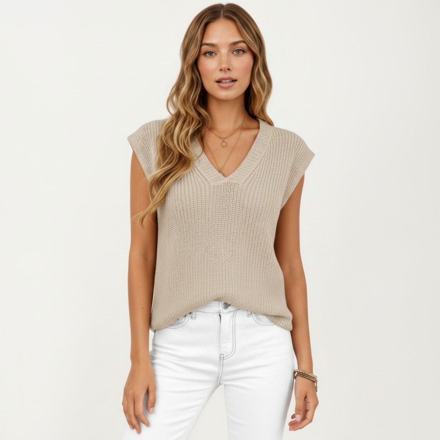 Sleeveless Knit Sweater Vest with V Neck Ribbed Trim Relaxed Fit Textured Pullover Top