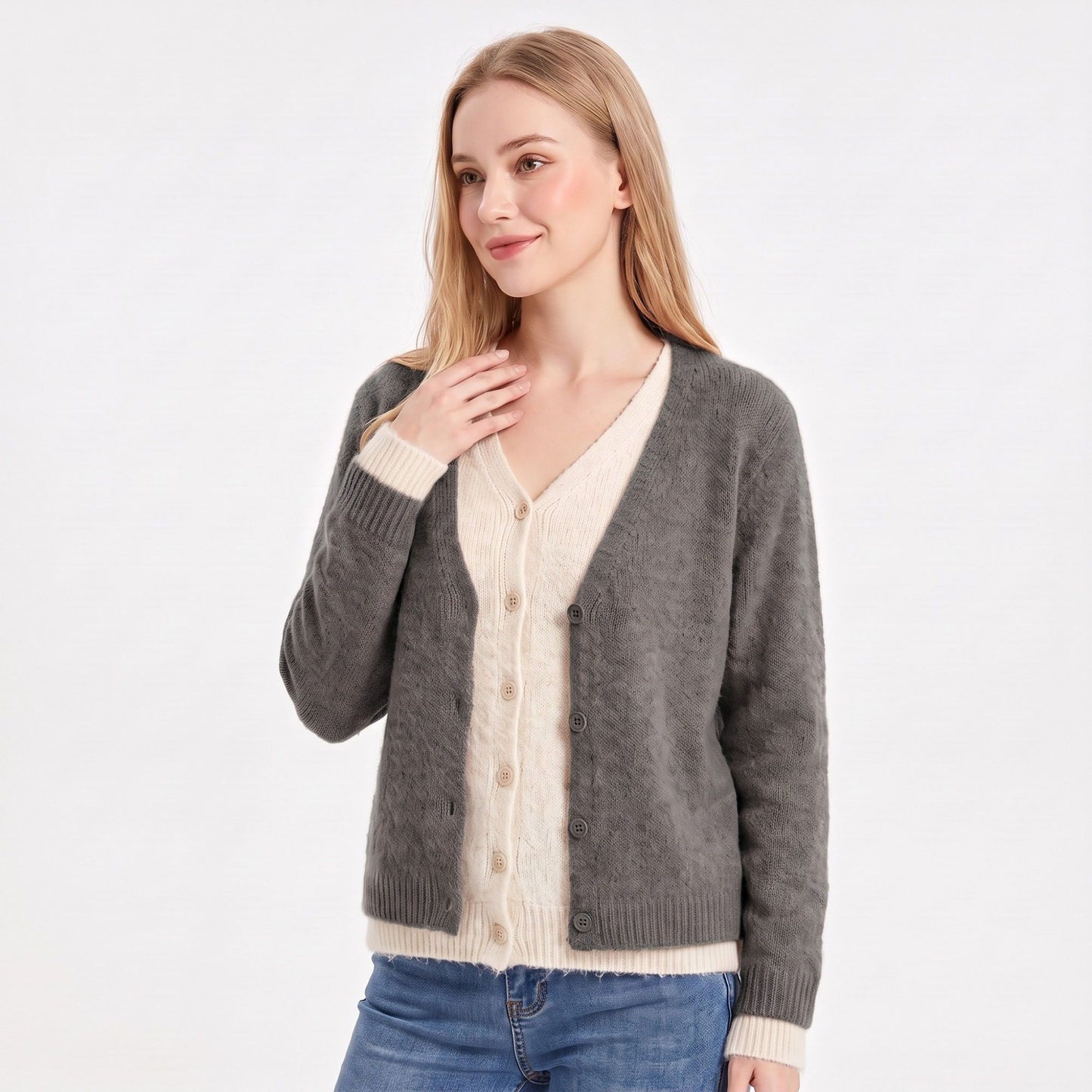 Contrast Trim Layered V Neck Button Front Cardigan