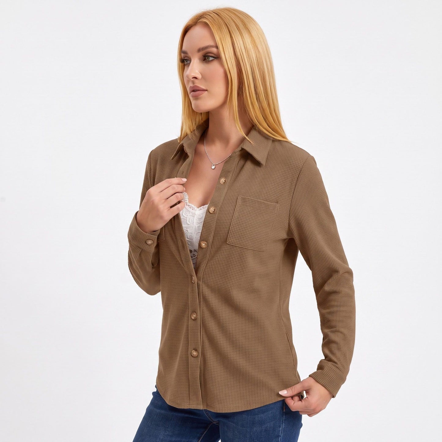 Textured Button Front Long Sleeve Shirt with Chest Pocket