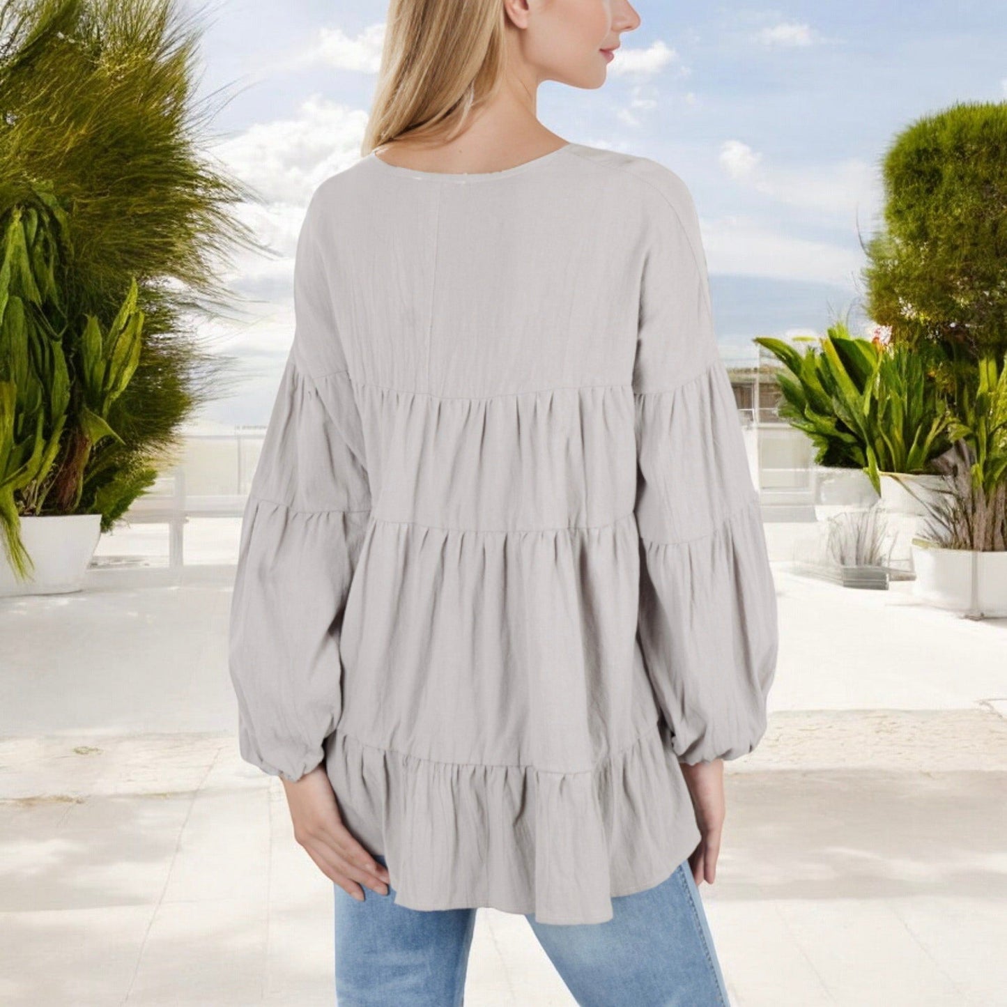 V-Neck Tiered Babydoll Top with Long Puff Sleeves