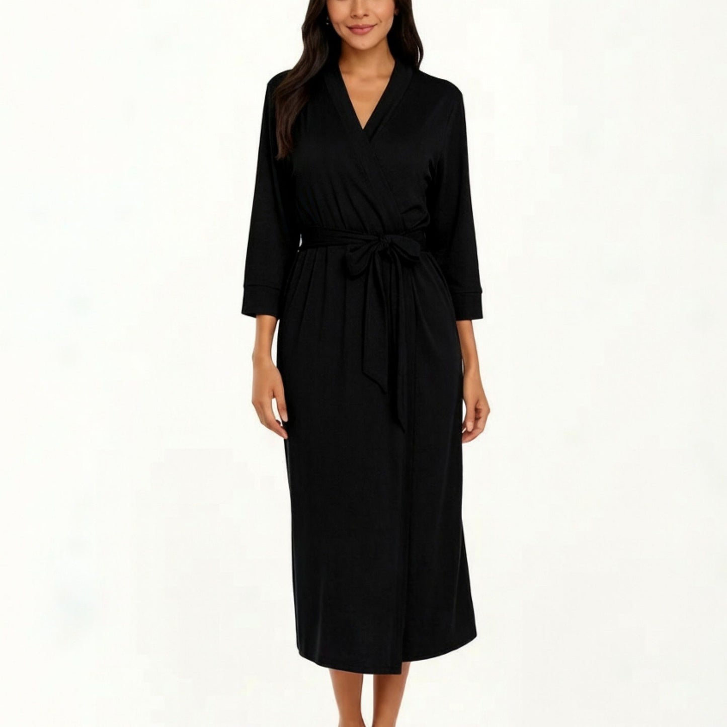 Long Lightweight Robe with Shawl Collar Tie Waist Belt Front Pockets Soft Knit Robe